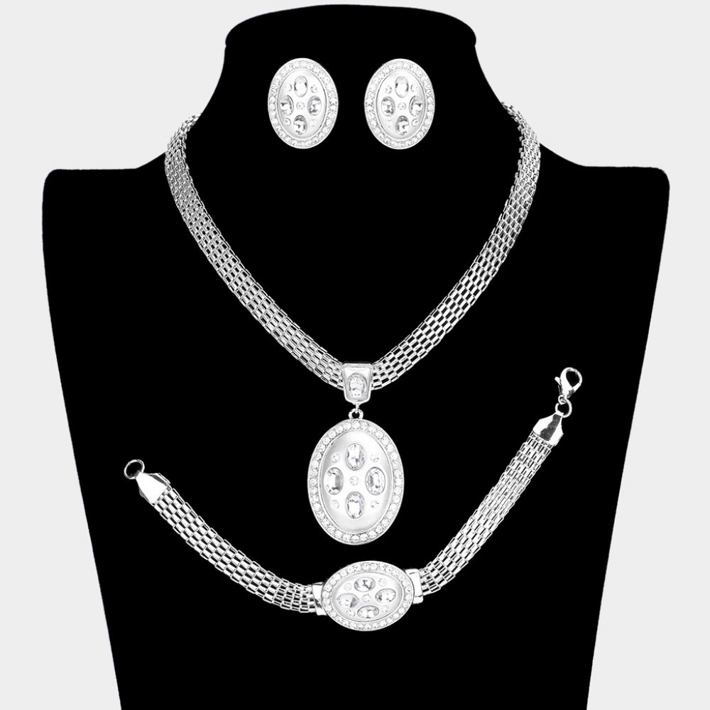 Silver 3 Piece Oval Pendant Marquise Rhinestone Trim Necklace Formal Jewelry Set